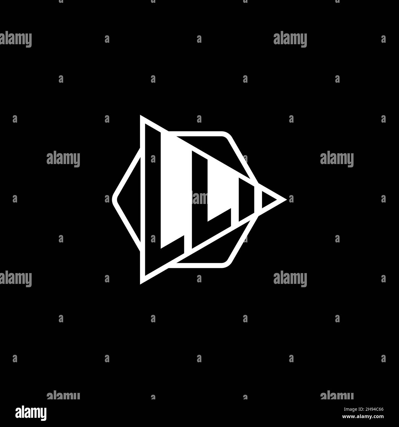 LL Monogram logo letter with triangle play button shape hexagonal rounded. Triangle circle monogram logo, triangle shield logo letter. Stock Vector
