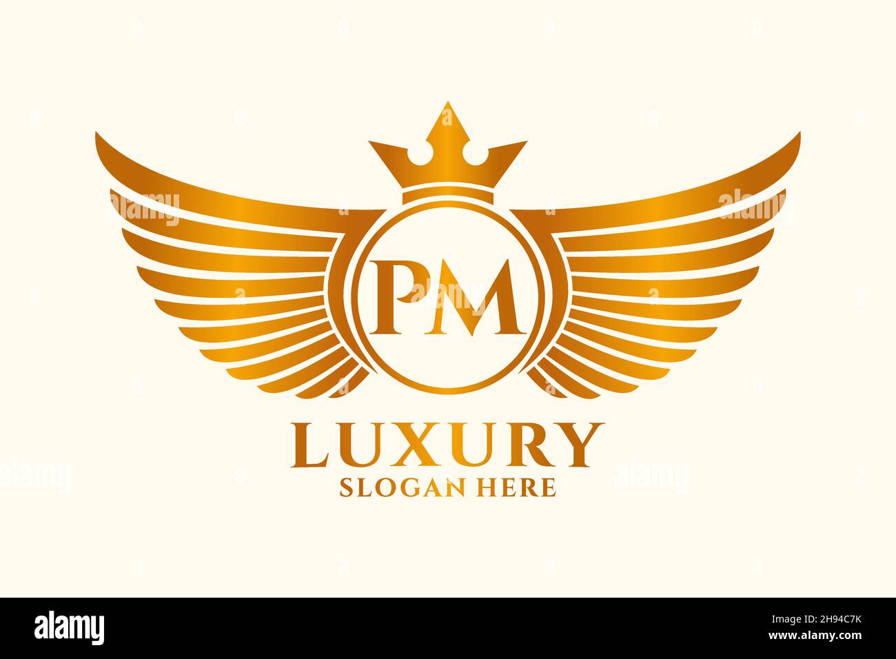 Luxury royal wing Letter PM crest Gold color Logo vector, Victory