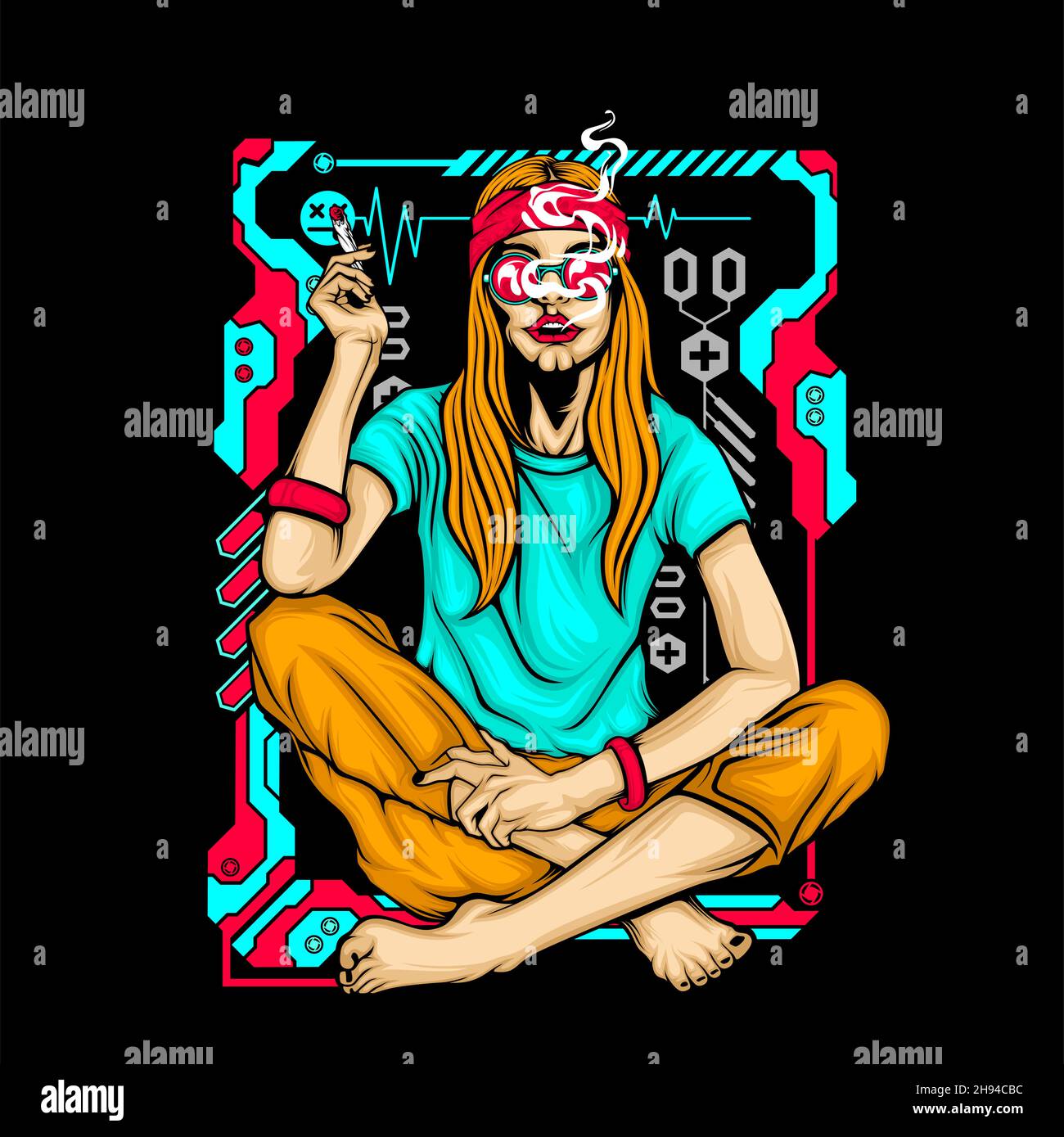 charming smoking hippie girl with awesome background Stock Vector