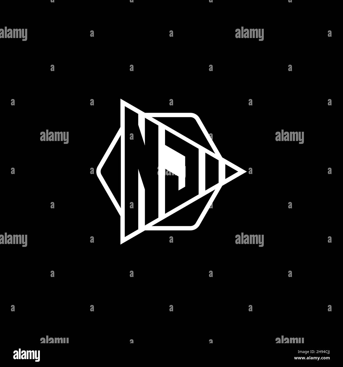 NJ Monogram logo letter with triangle play button shape hexagonal rounded. Triangle circle monogram logo, triangle shield logo letter. Stock Vector