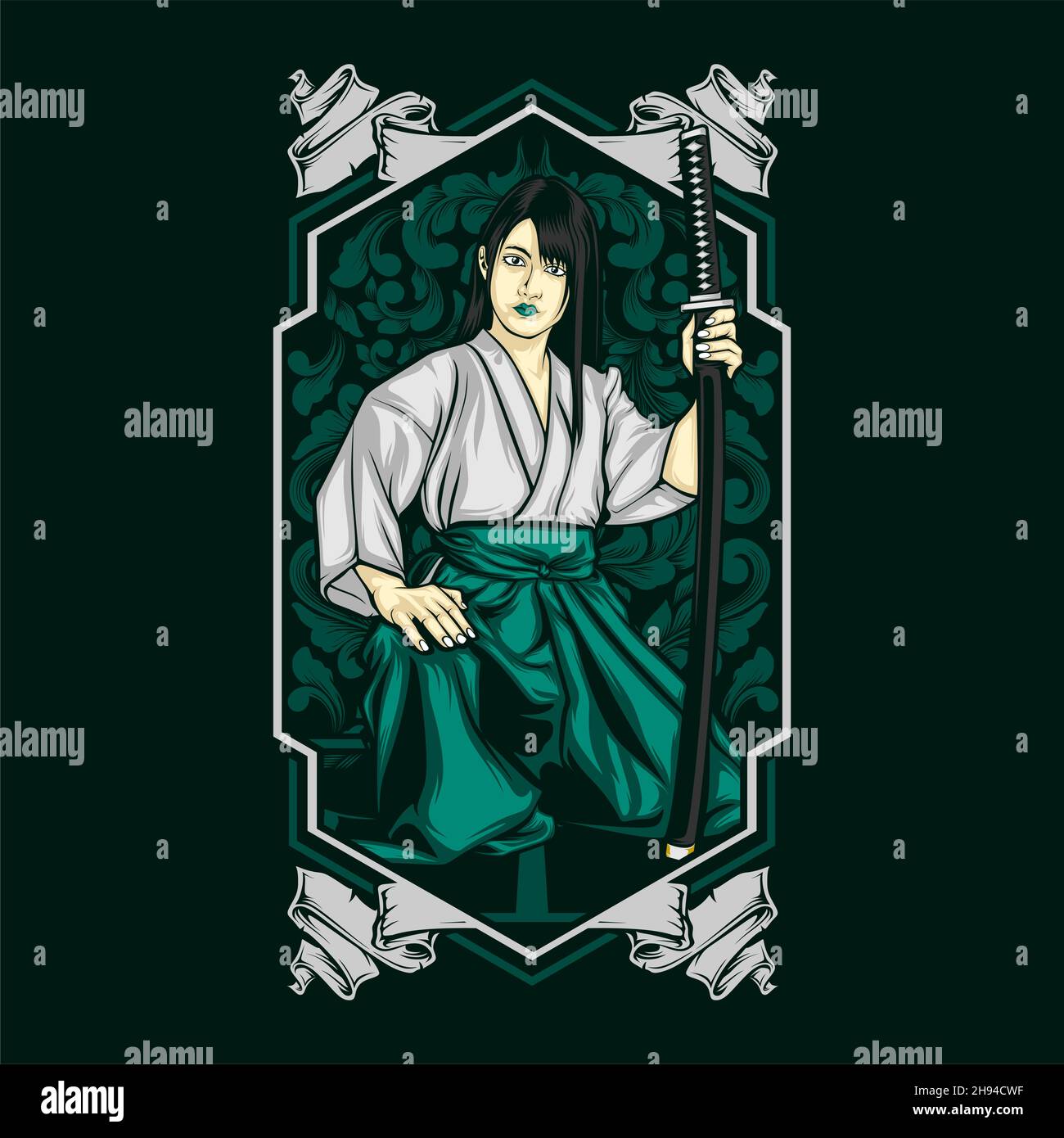 lady holding samurai with awesome background Stock Vector