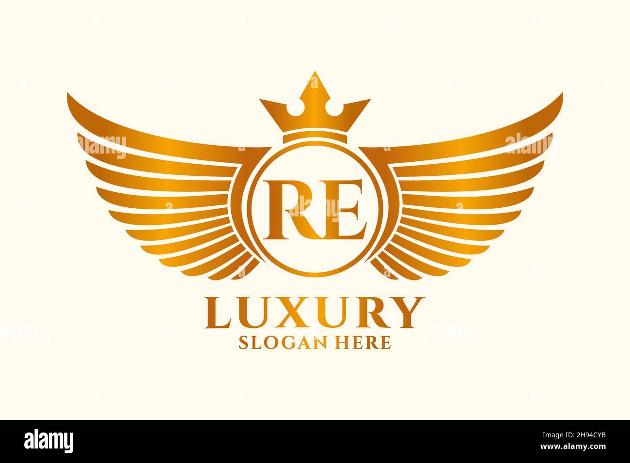 Luxury royal wing Letter RE crest Gold color Logo vector, Victory logo, crest logo, wing logo, vector logo . Stock Vector