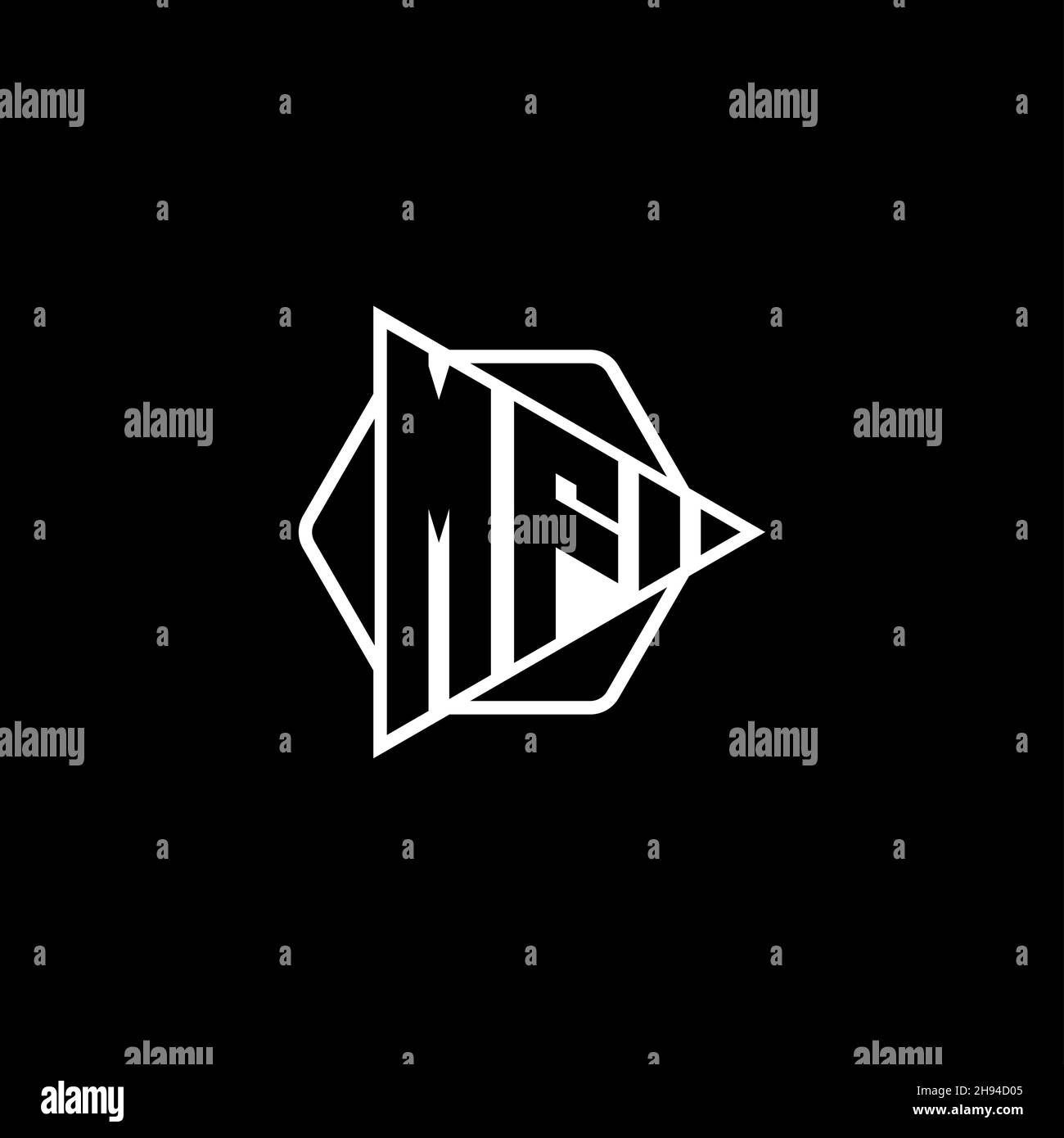 MF Monogram logo letter with triangle play button shape hexagonal rounded. Triangle circle monogram logo, triangle shield logo letter. Stock Vector
