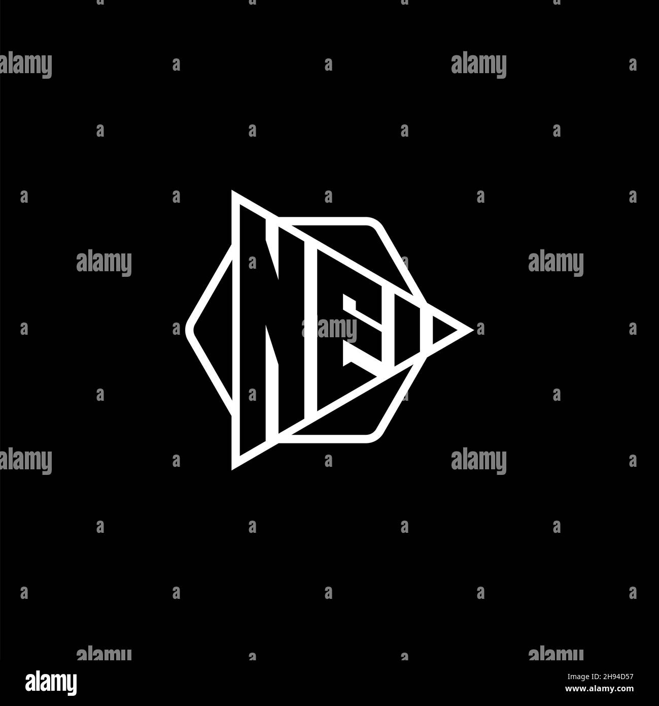 NE Monogram logo letter with triangle play button shape hexagonal rounded. Triangle circle monogram logo, triangle shield logo letter. Stock Vector