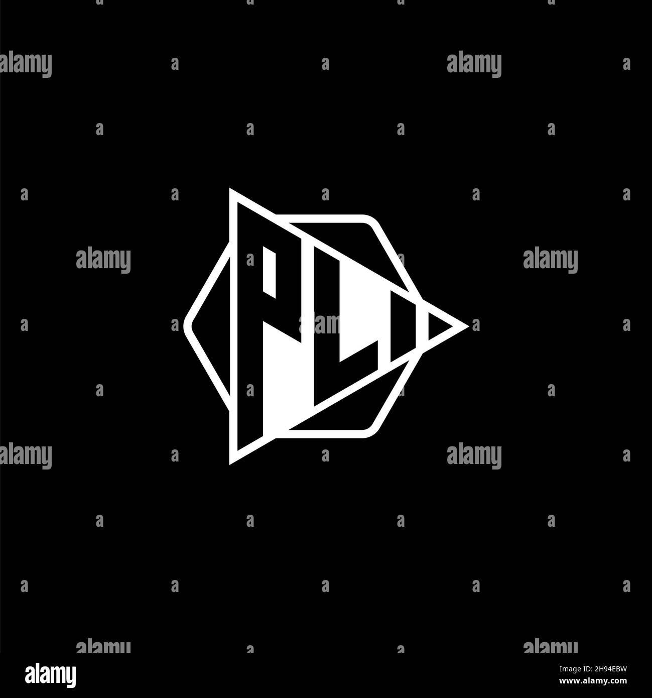 PL Monogram logo letter with triangle play button shape hexagonal rounded. Triangle circle monogram logo, triangle shield logo letter. Stock Vector