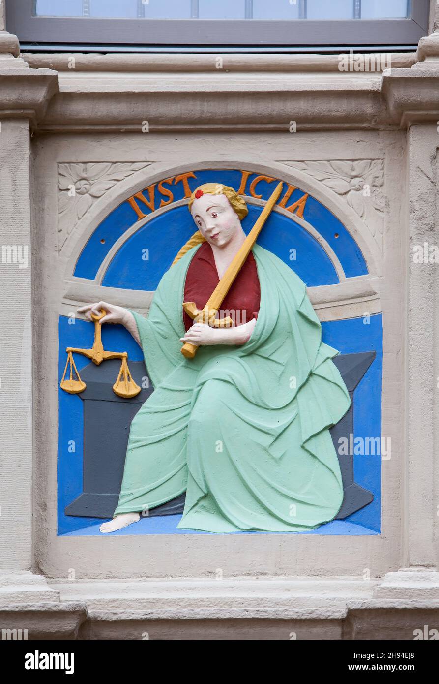 Iusticia or Justitia, Latin for justice, decoration of the facade, Hexenbürgermeisterhaus, Lemgo, North Rhine-Westphalia, Germany, Europe Stock Photo