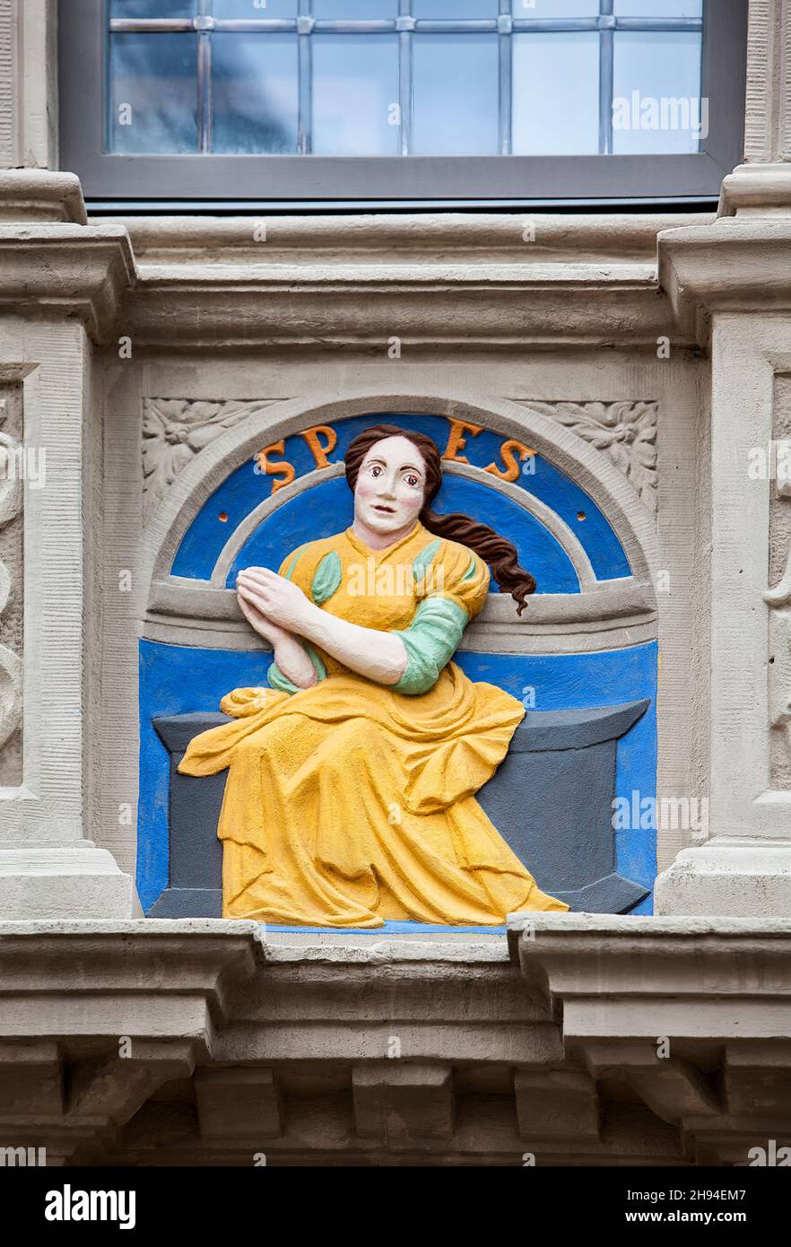 Spes, Latin for Hope, decoration of the facade, Hexenbürgermeisterhaus, Lemgo, North Rhine-Westphalia, Germany, Europe Stock Photo