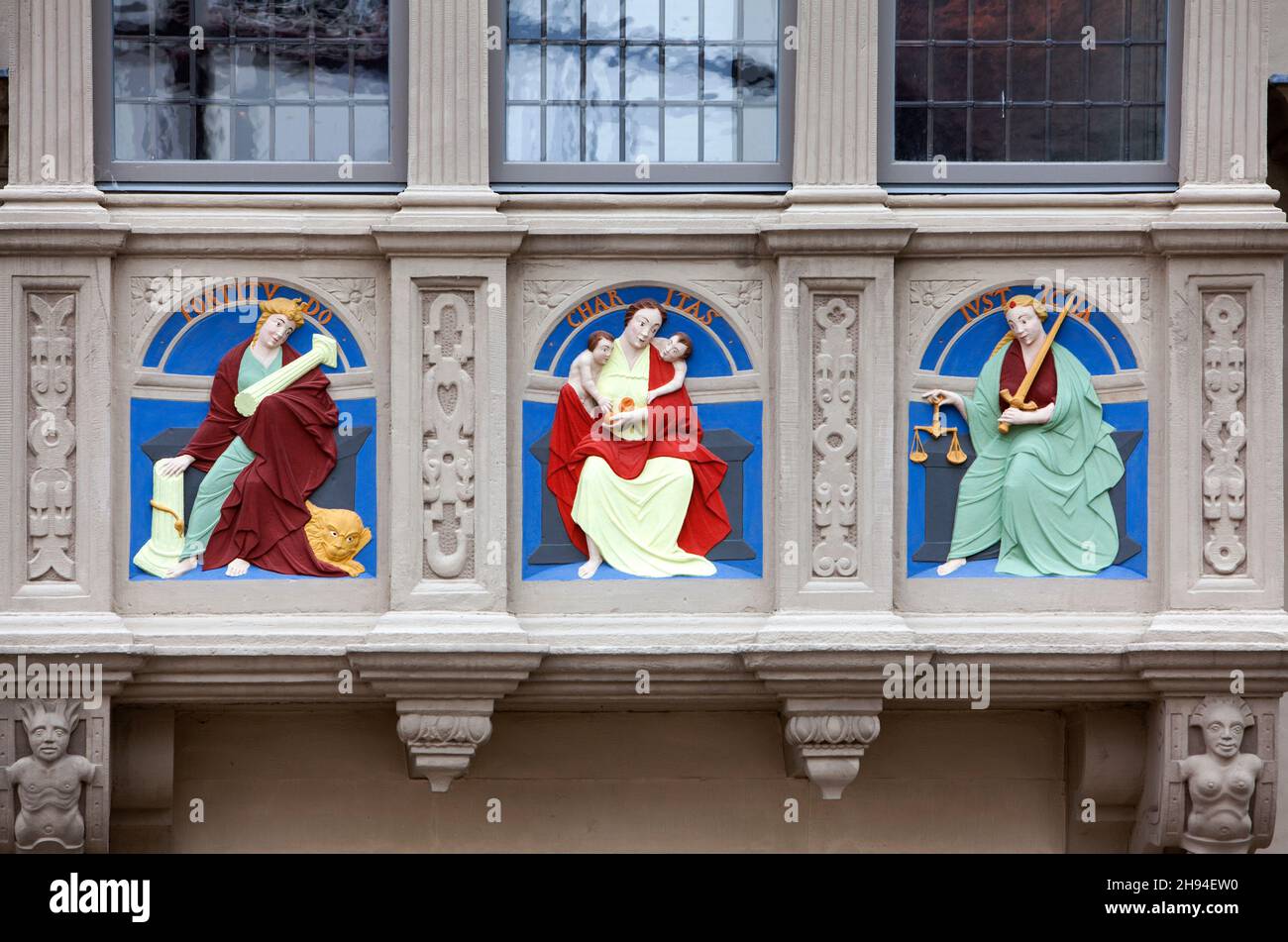Figures  at the facade, Hexenbürgermeisterhaus, Lemgo, North Rhine-Westphalia, Germany, Europe Stock Photo