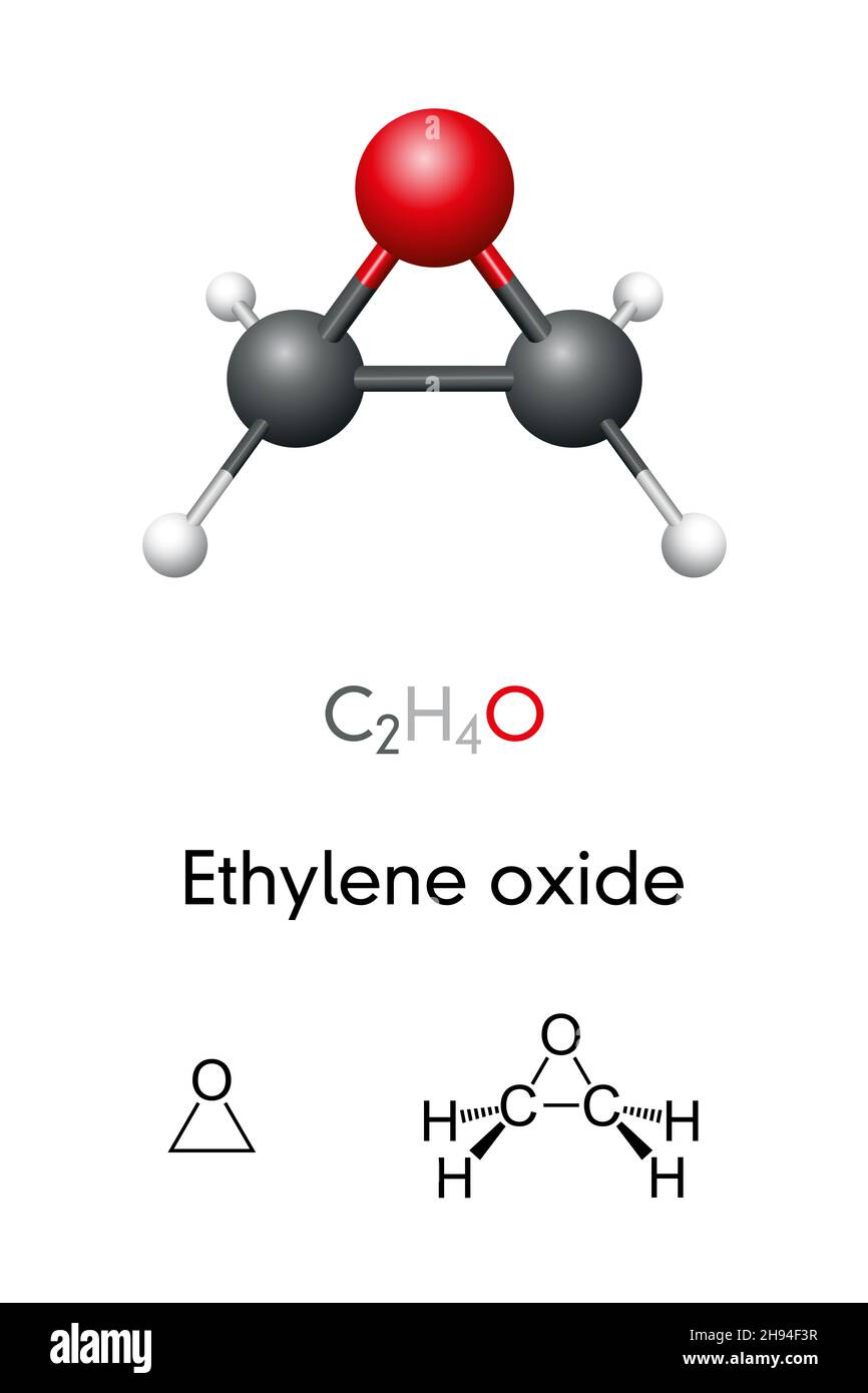 Ethylene oxide, C2H4O, molecule model and chemical formula. Also known as oxirane, is a carcinogenic, mutagenic organic compound. surface disinfectant Stock Photo