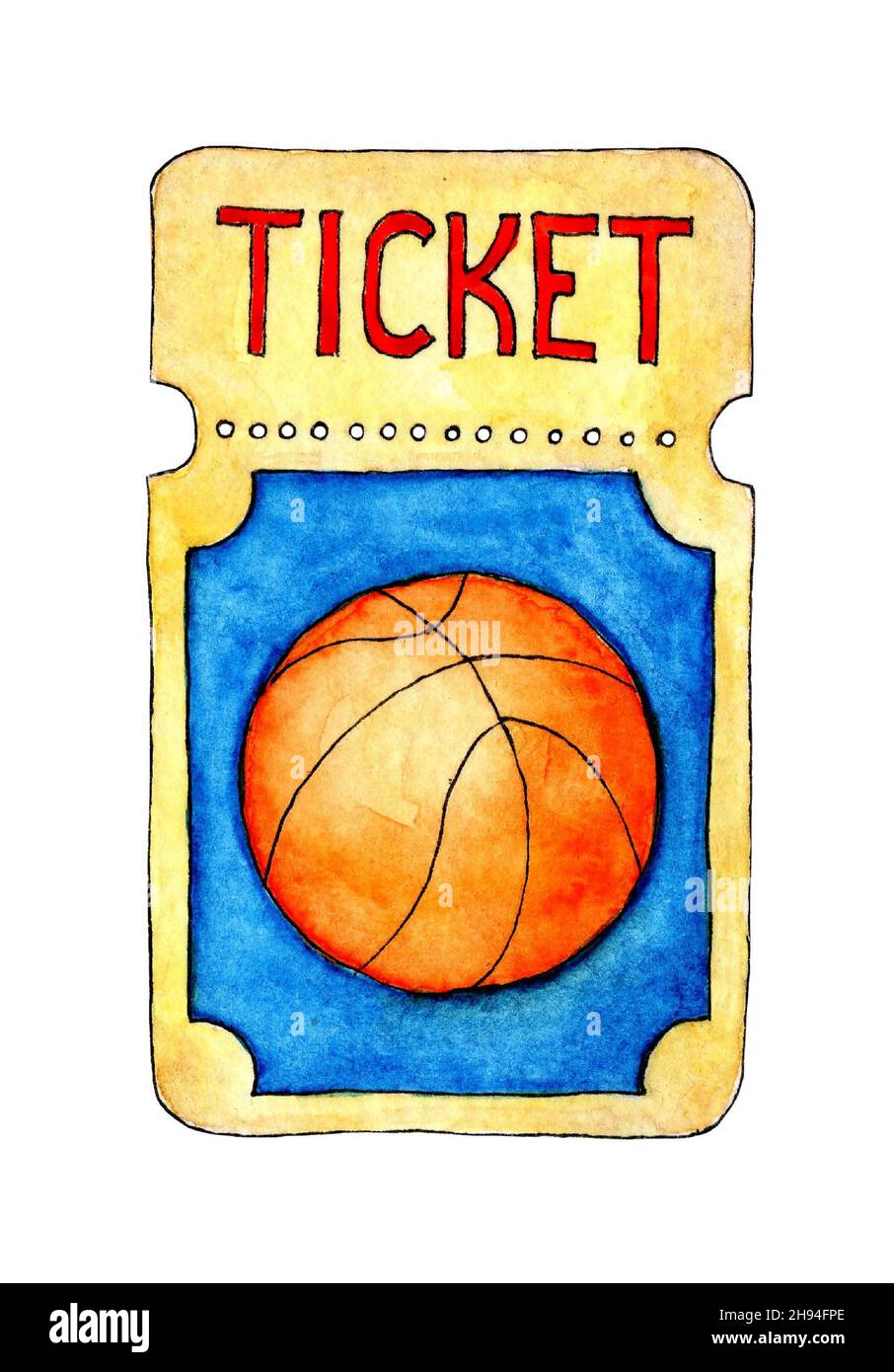 Watercolor illustration of a basketball ticket. Yellow ticket with a