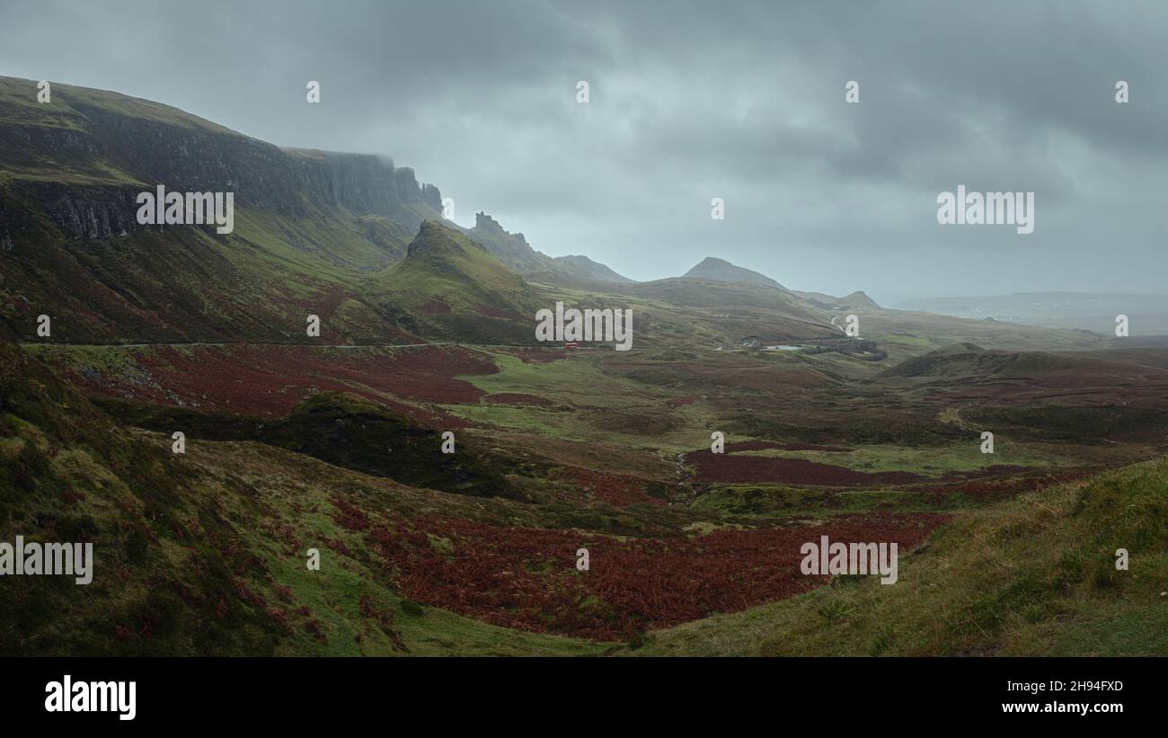 Landscape view of Quiraing mountains on Isle of Skye, Scottish highlands, United Kingdom. The Isle of Skye, Scotland, UK. Stock Photo