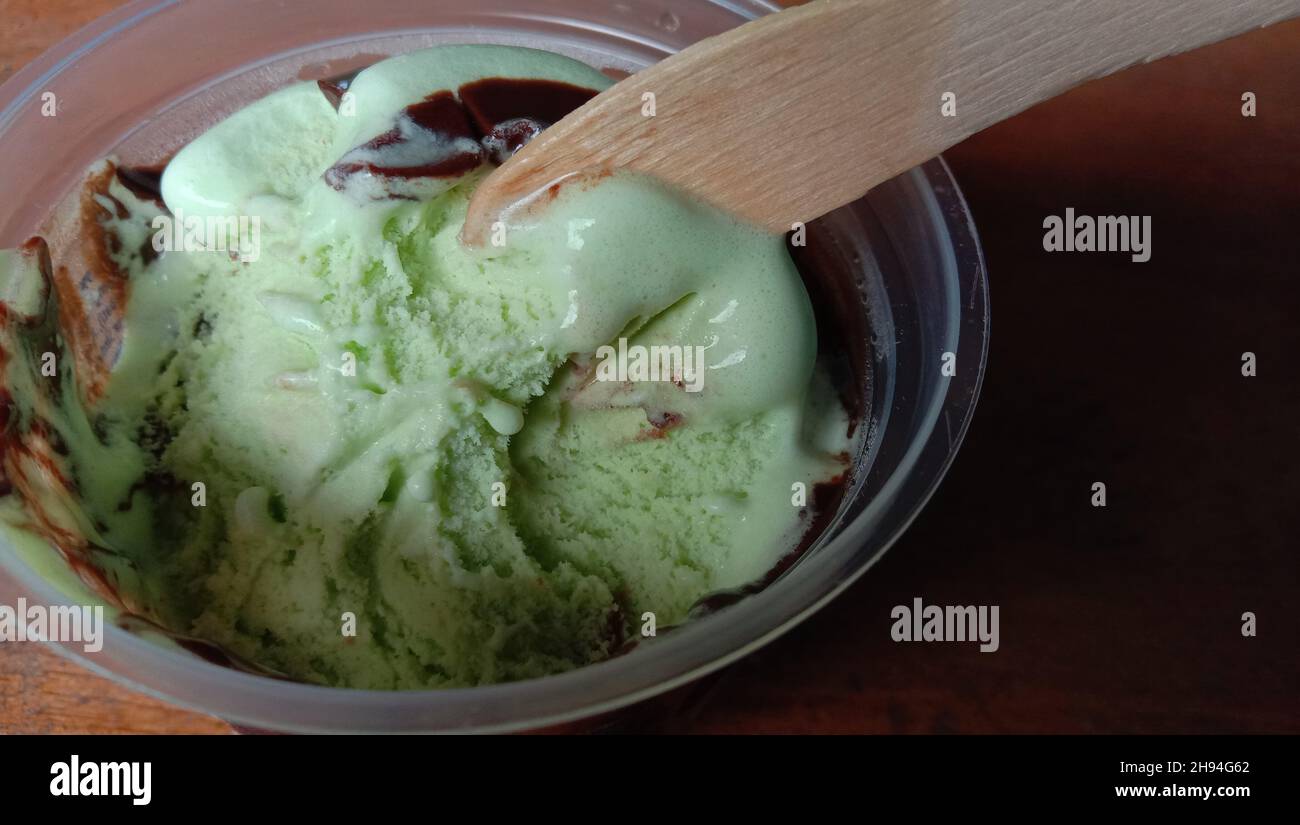 Avocado-flavored ice cream in a cup Stock Photo