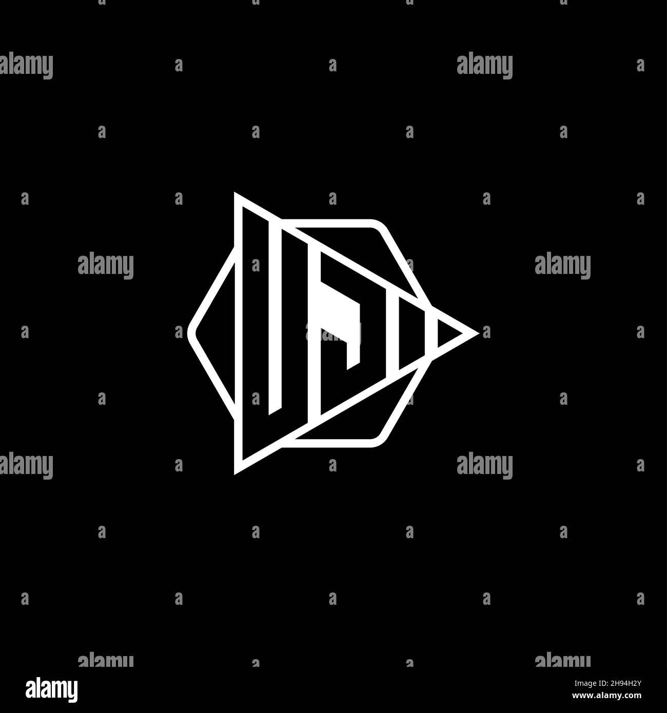 UJ Monogram logo letter with triangle play button shape hexagonal rounded. Triangle circle monogram logo, triangle shield logo letter. Stock Vector