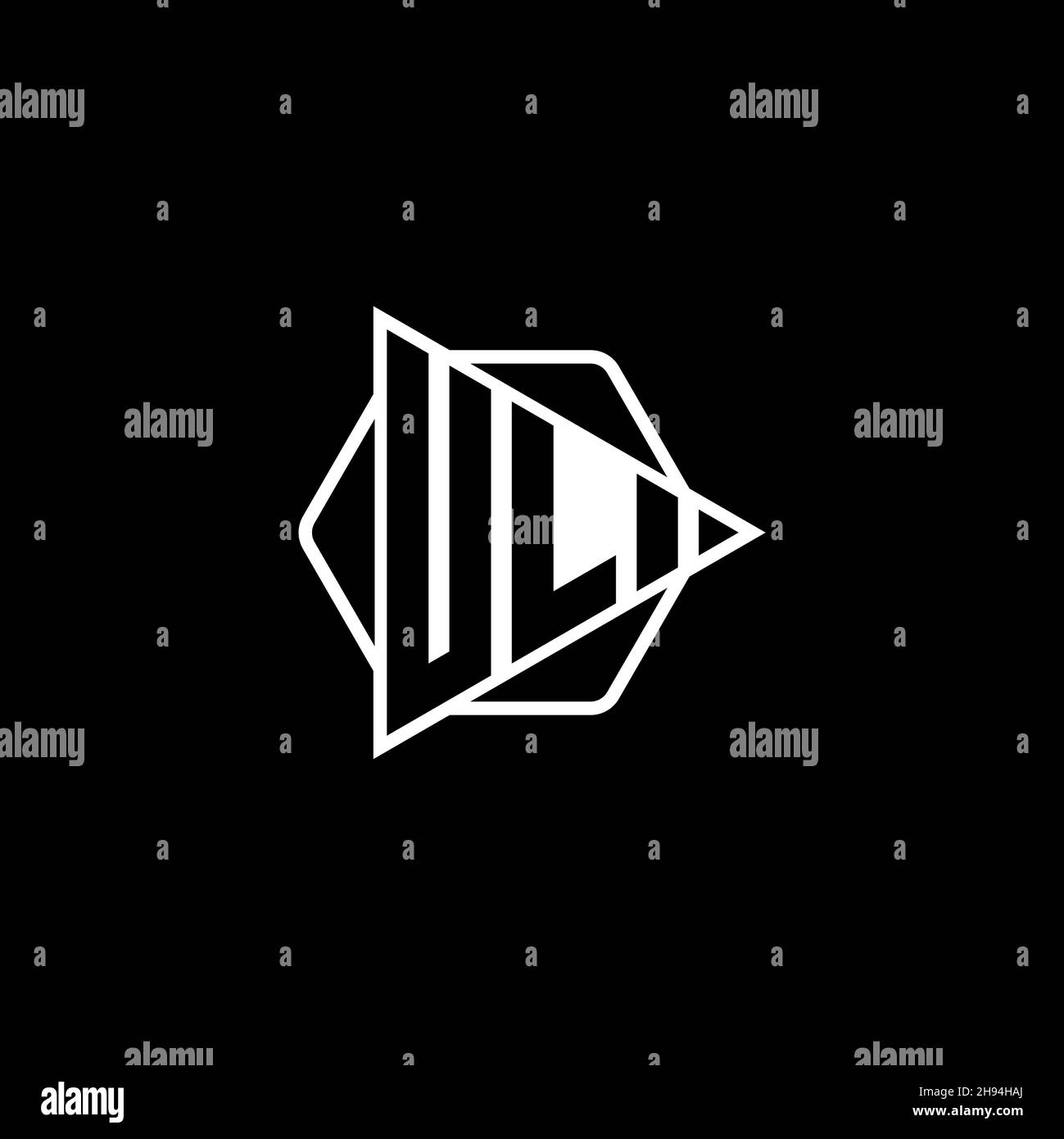 UL Monogram logo letter with triangle play button shape hexagonal rounded. Triangle circle monogram logo, triangle shield logo letter. Stock Vector