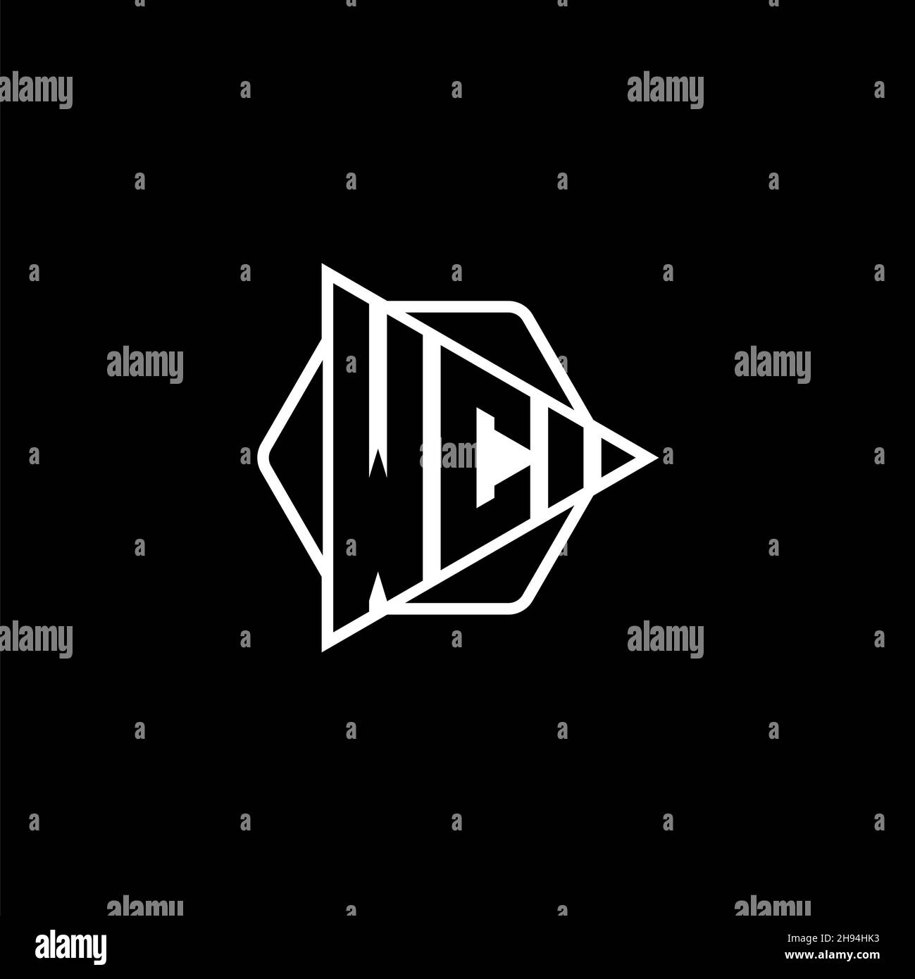 WC Monogram logo letter with triangle play button shape hexagonal rounded. Triangle circle monogram logo, triangle shield logo letter. Stock Vector