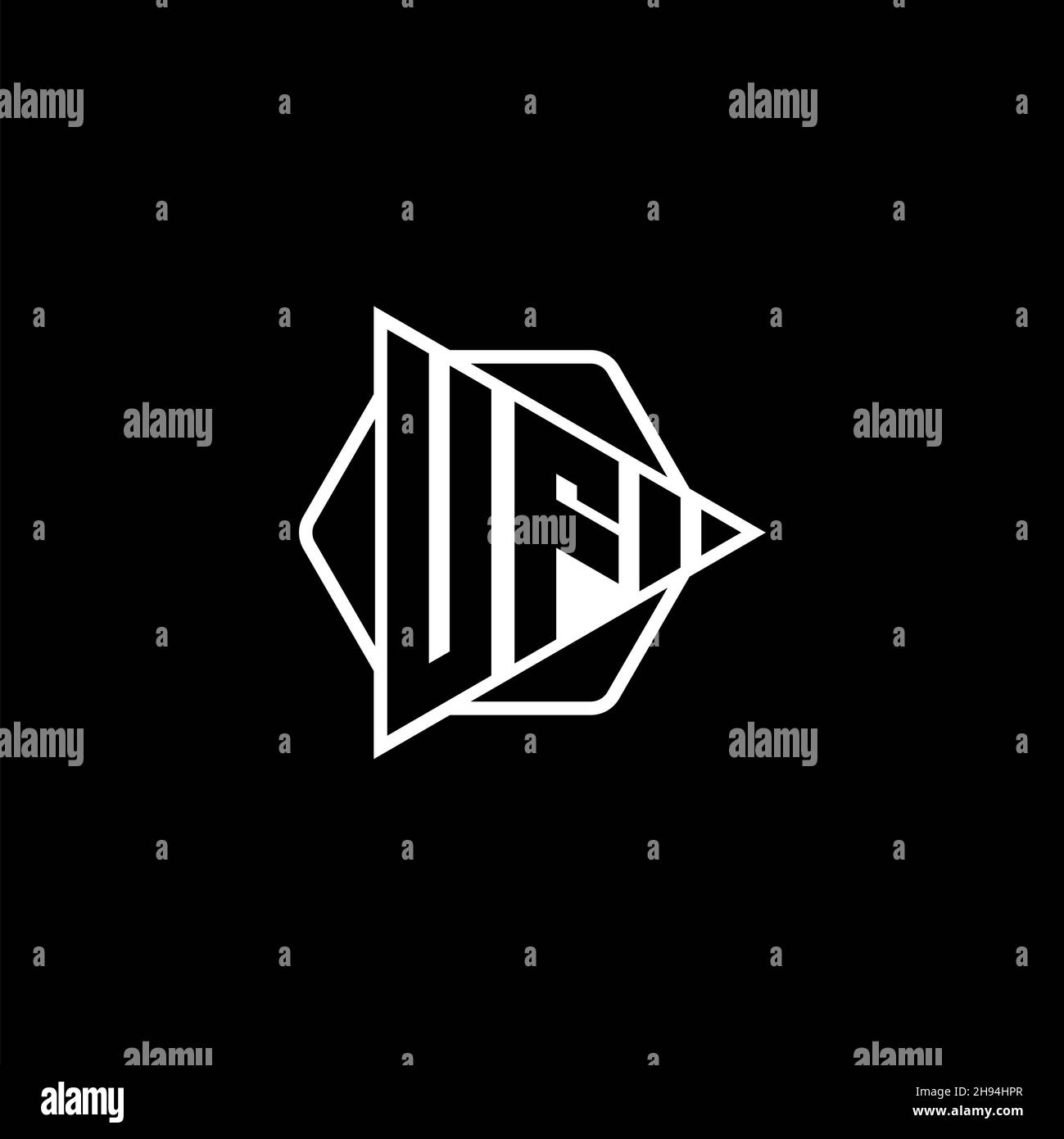 UF Monogram logo letter with triangle play button shape hexagonal rounded. Triangle circle monogram logo, triangle shield logo letter. Stock Vector