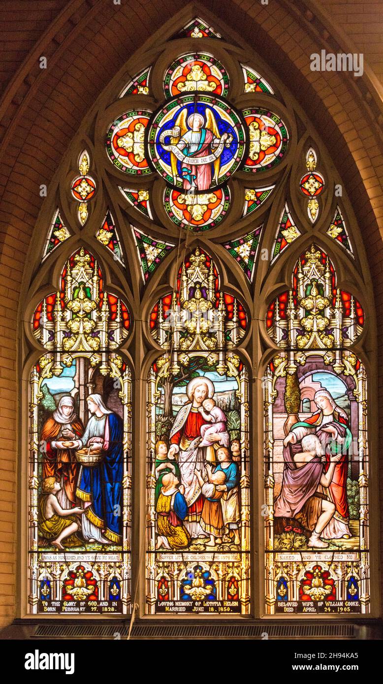 Stained glass window with religious themed images inside of the Anglican Church of the Redeemer.Nov. 22, 2021 Stock Photo