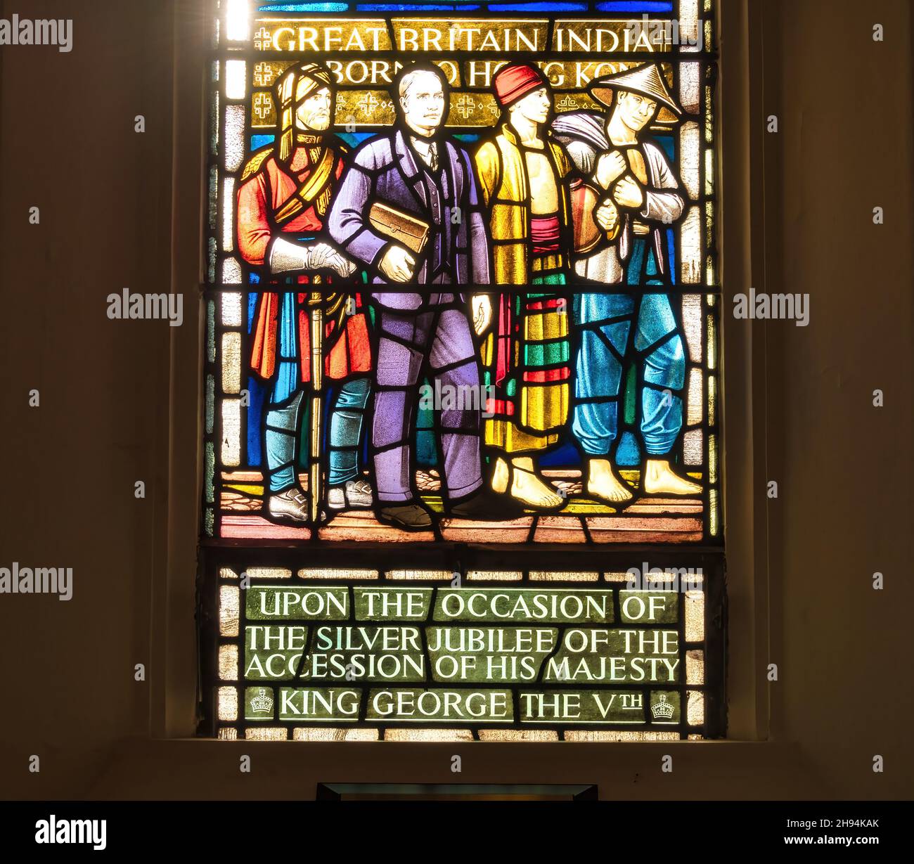 Stained glass window in the interior architecture details of the Saint George Chapel which is part of the Anglican Cathedral Church of St. James. Nov. Stock Photo