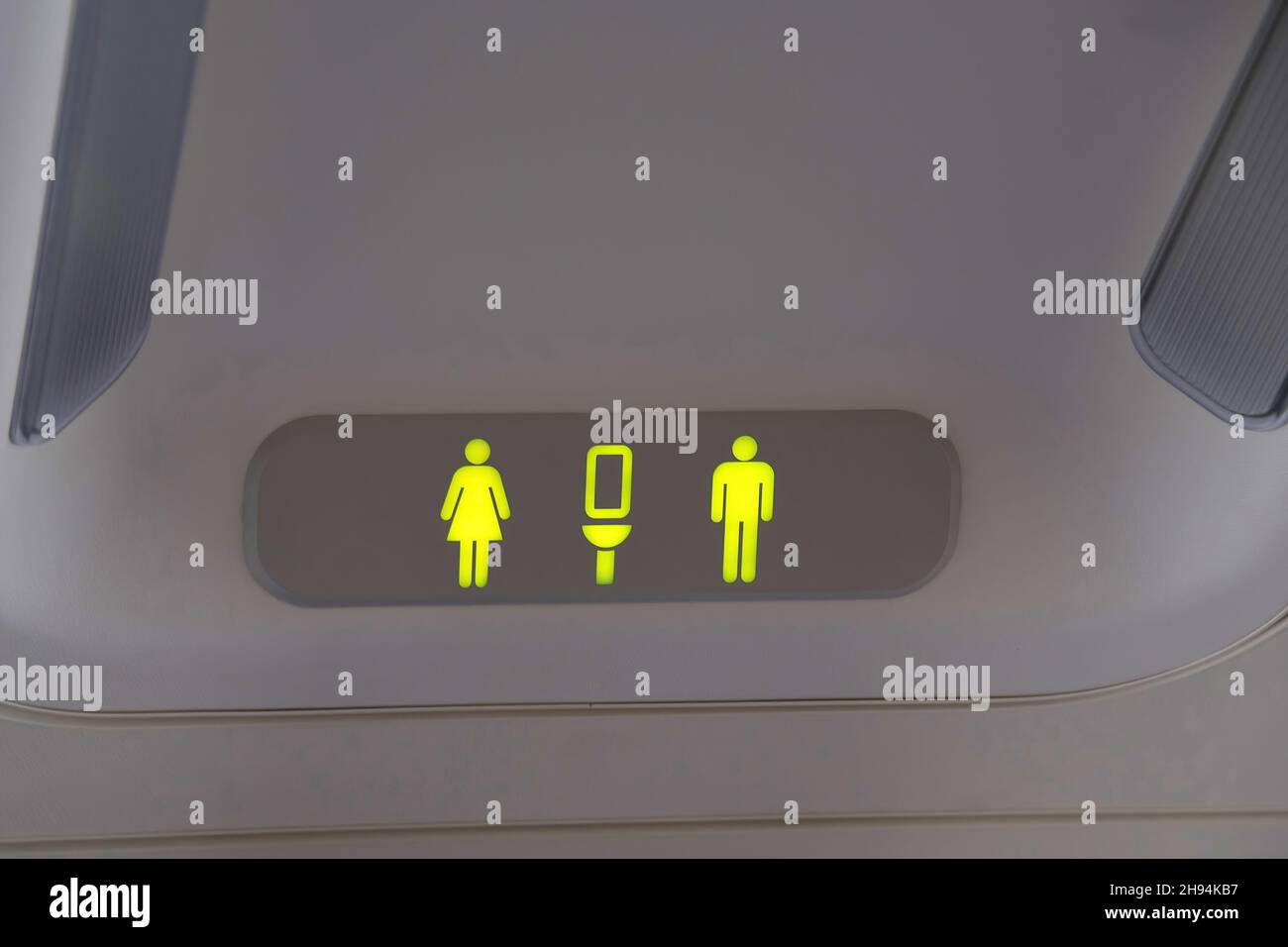 Lit on signal of bathrooms inside a Boeing 737 planeNov. 21, 2021 Stock Photo