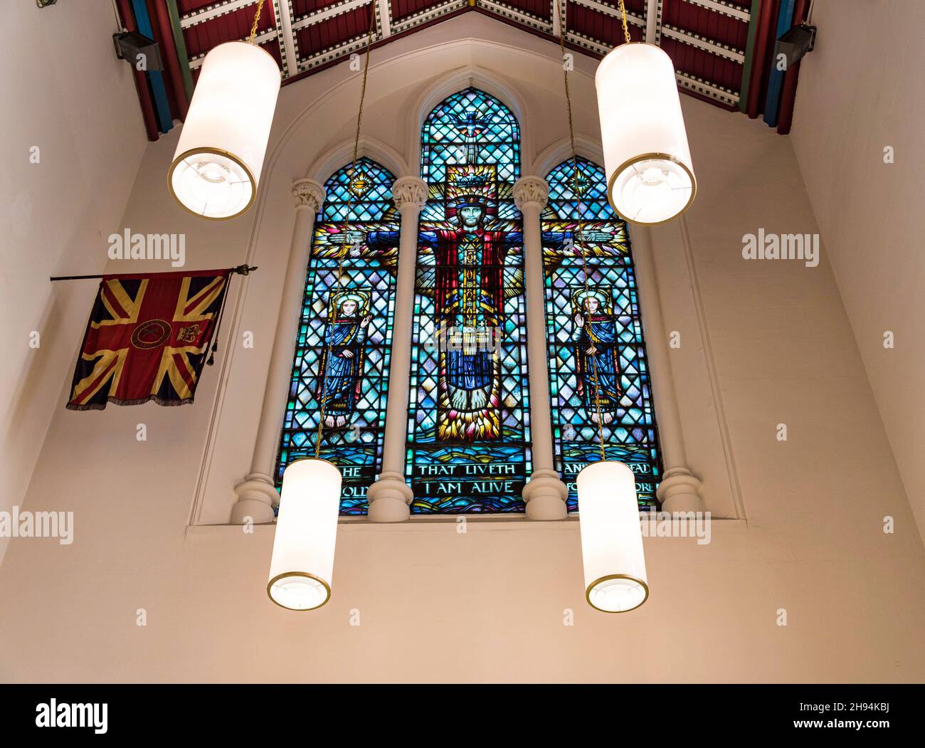 Stained glass window in the interior architecture details of the Saint George Chapel which is part of the Anglican Cathedral Church of St. James. Nov. Stock Photo