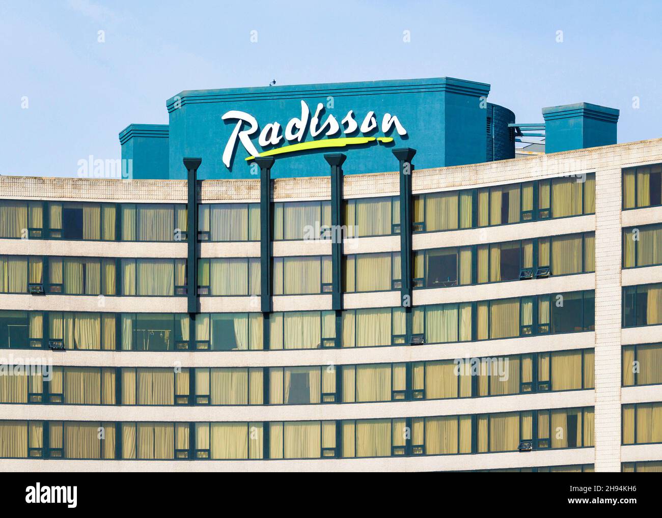 Sign of a Radisson Hotel on top of a building.  Nov. 22, 2021 Stock Photo