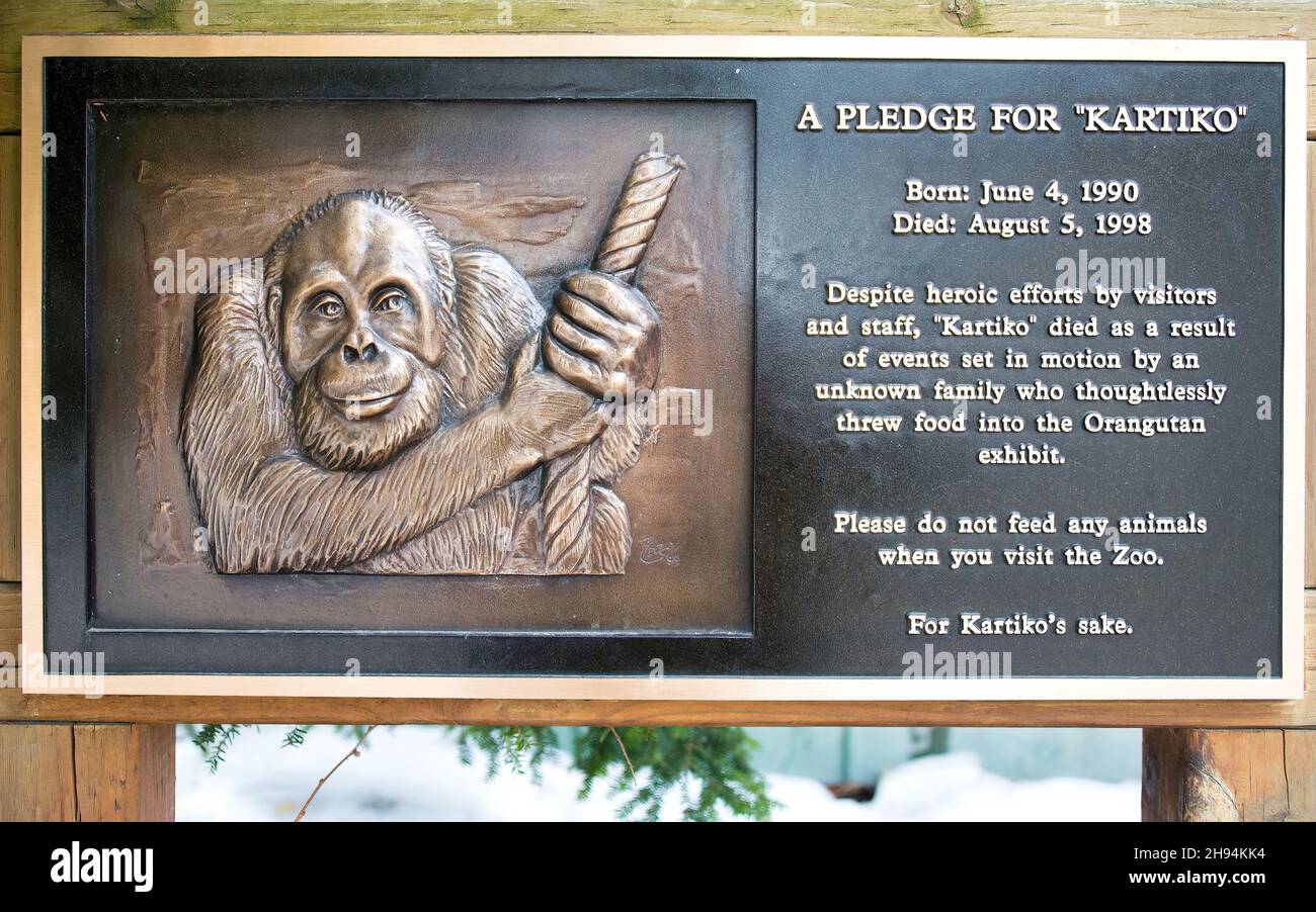 Plaque in the Toronto's Zoo educates visitors about no feeding the animals. The orangutan Kartiko died in 1998 due to events related to  a violation o Stock Photo