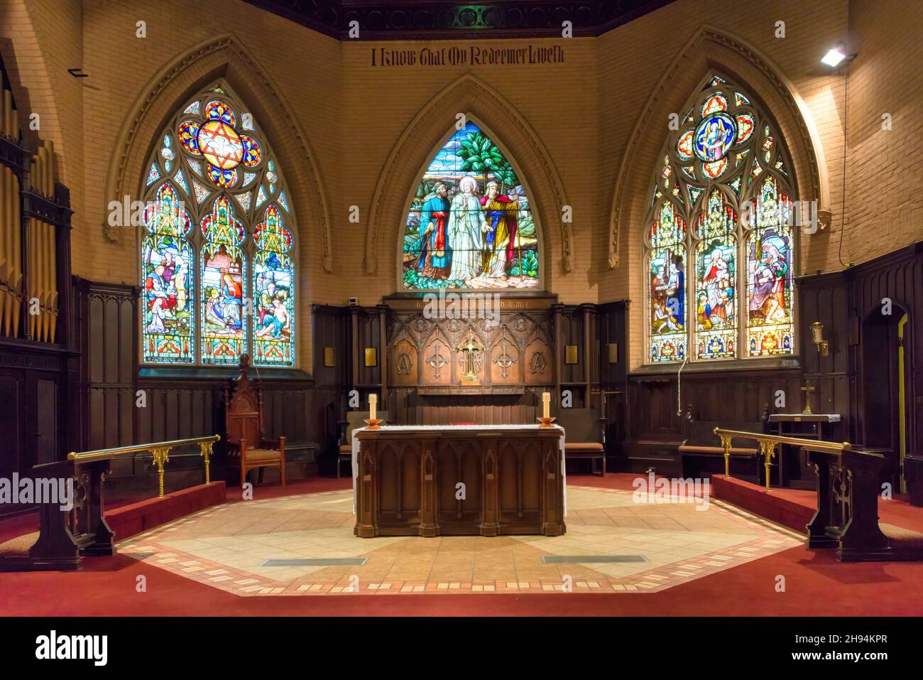Stained glass window with religious themed images inside of the Anglican Church of the Redeemer.Nov. 22, 2021 Stock Photo