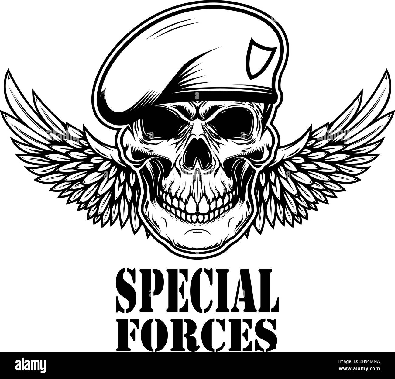 Special forces. Winged soldier skull. Design element for logo, label, sign, emblem. Vector illustration Stock Vector