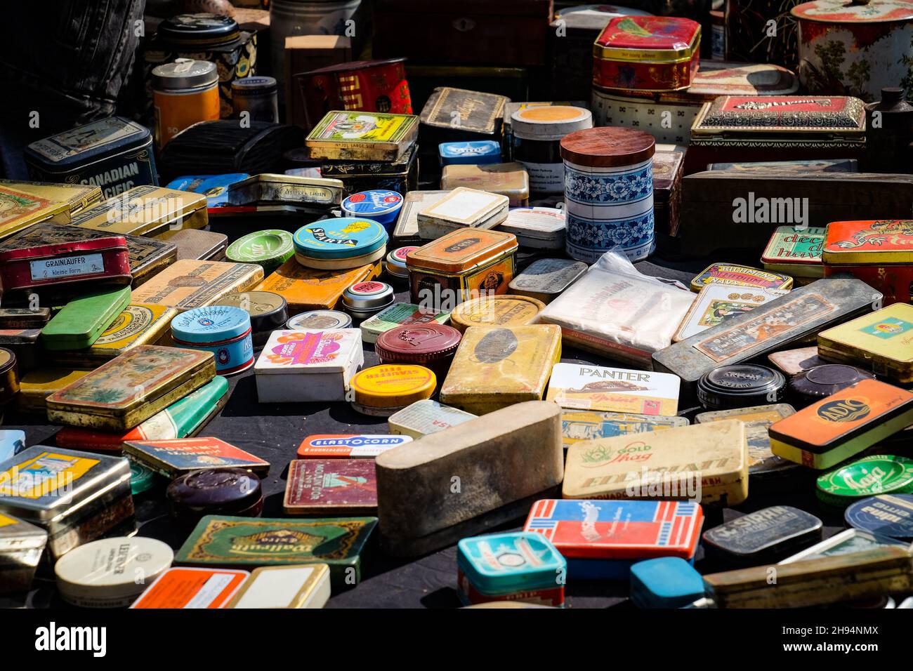 BERLIN, GERMANY Apr 10, 2017 Some vintage tin boxes for sale at the