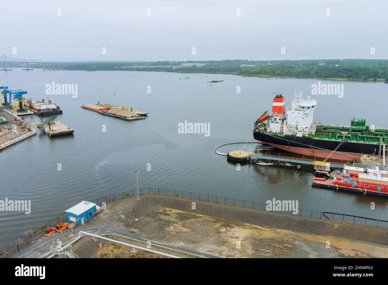 Aerial view tanker ship, oil ship operation during petroleum transfer Stock Photo