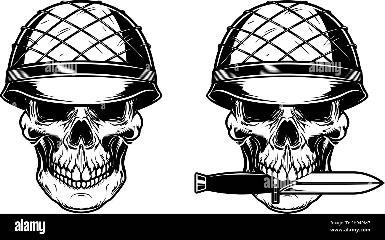 Illustration of soldier skull with knife. Design element for poster, card, banner,emblem, sign. Vector illustration Stock Vector