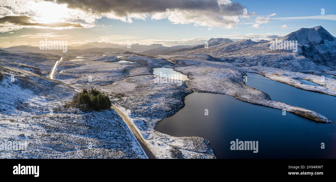 Knockan Crag National Nature Reserve in the snow, Assynt, Highland, Scotland. Looking South West towards the Fisherfield Munros in the distance. Stock Photo