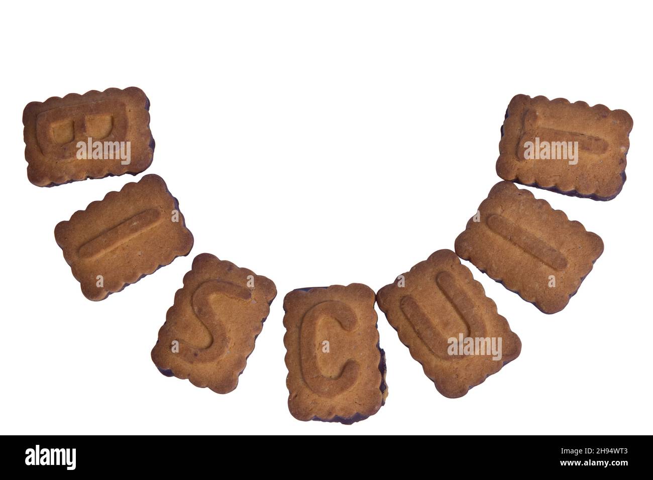 On a white clipping background, the word BISCUIT is laid out in a semicircle of cookies in the center of the frame Stock Photo