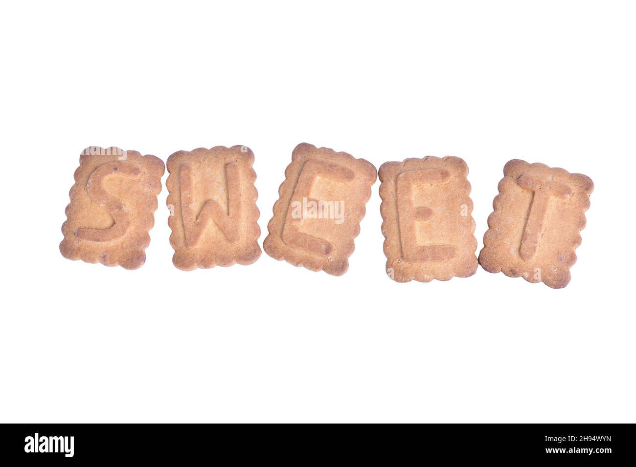 On white clipping background word SWEET laid out from cookies in center of frame Stock Photo