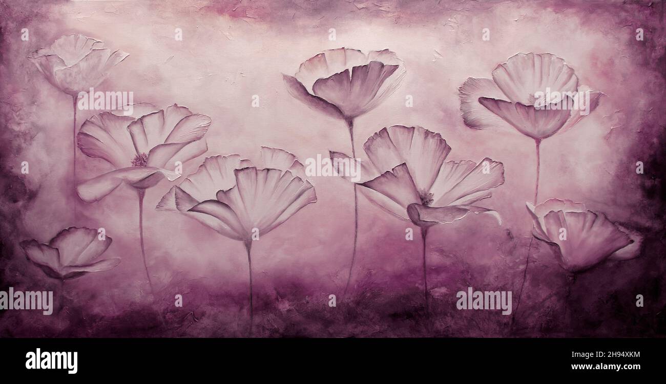Painting poppies with texture in canvas magenta background Stock Photo