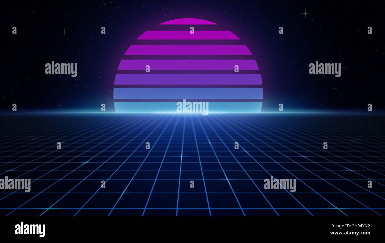Retro-futuristic 1980s style background, emulating sci-fi movies from the 80's. Colorful striped sun or planet, starry night sky and blue grid. Stock Photo