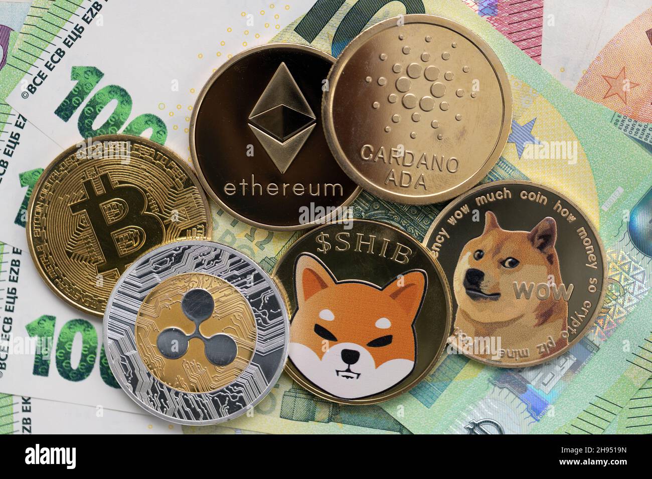 Dogecoin physical coin laying on top of 100 Euro bills Stock Photo - Alamy