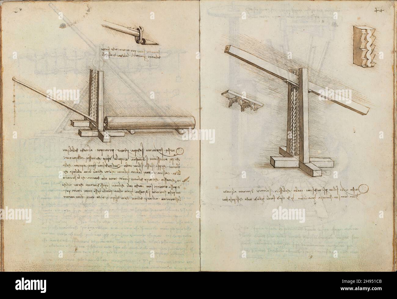 Folios f 43v-44r. Codex Madrid I (Ms. 8937) 'Treaty of statics and mechanics', 192 folios with 384 pages. Internal format: 215 x 145 mm. APPLIED MECHANICS (COMPONENTS). PRINCIPLES OF MECHANICS, CINEMATICS, DYNAMICS. CIVIL ENGINEERING, CONSTRUCTION. APPLIED MECHANICS (MACHINES AND WITS). Museum: BIBLIOTECA NACIONAL DE ESPAÑA, MADRID. Author: LEONARDO DA VINCI. Stock Photo