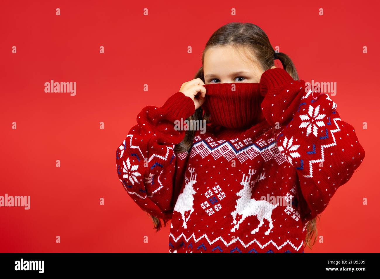 close - up portrait of playful girl hiding half face in red Christmas sweater with reindeer , isolated on red background Stock Photo
