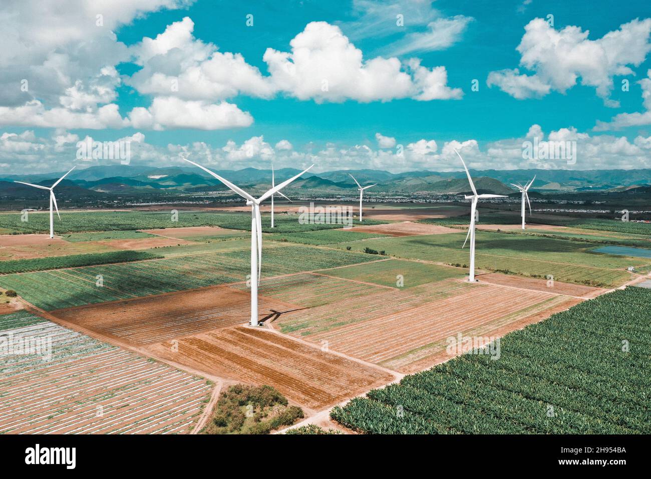 Aerial view of Wind Turbines in the windfarm of Santa Isabel, Puerto