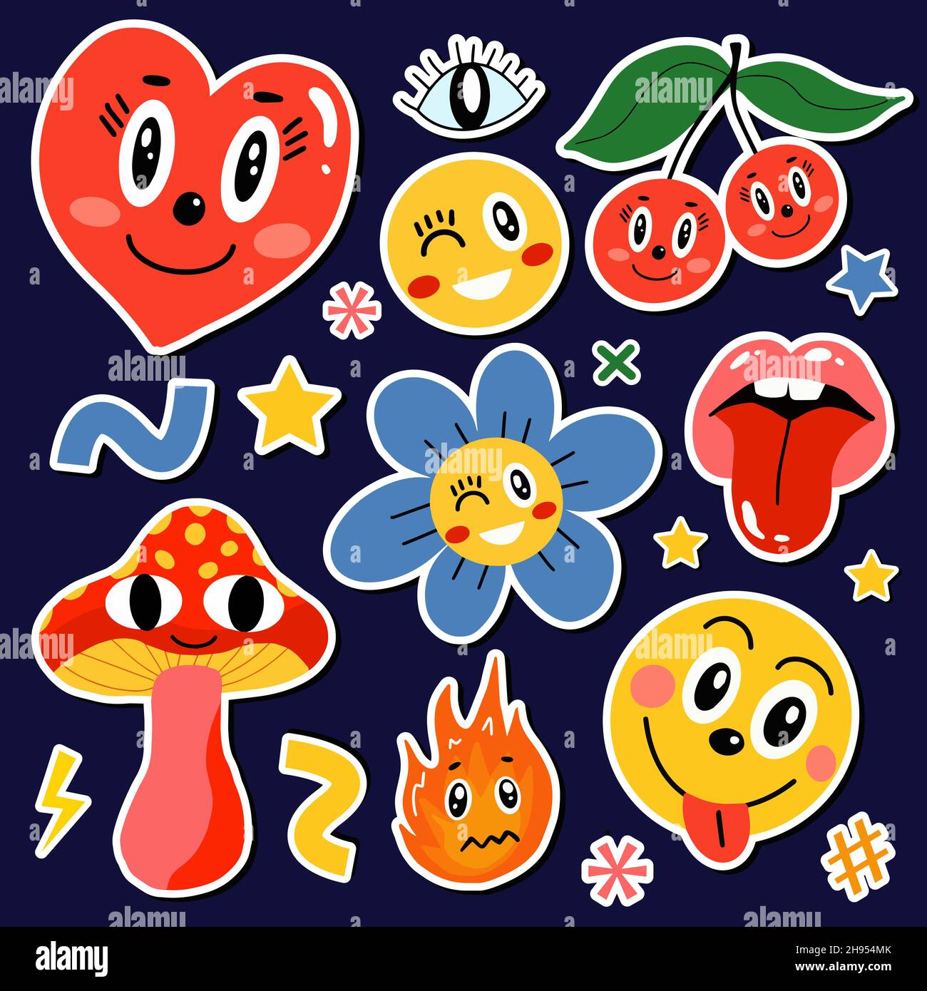 Vector Set of Cute Funny Patches and Stickers in 90s Style.Modern