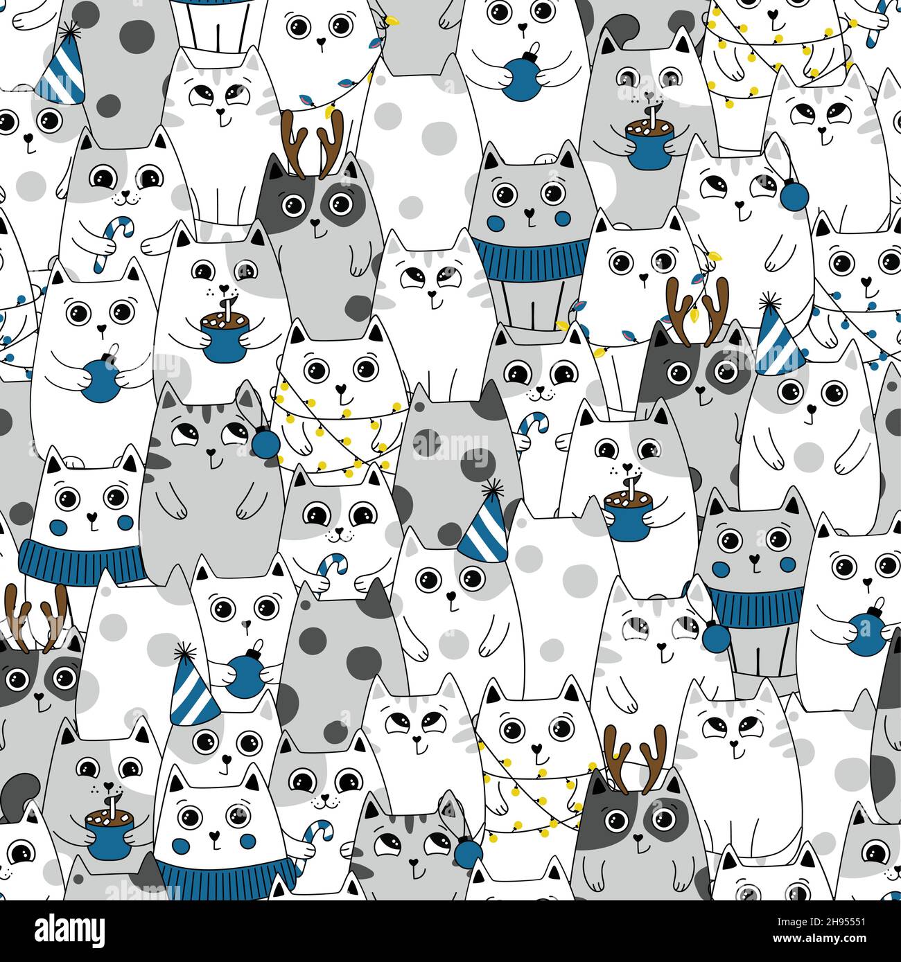 Seamless Pattern Winter Cute Cats, Cartoon Animals Background, Vector ...
