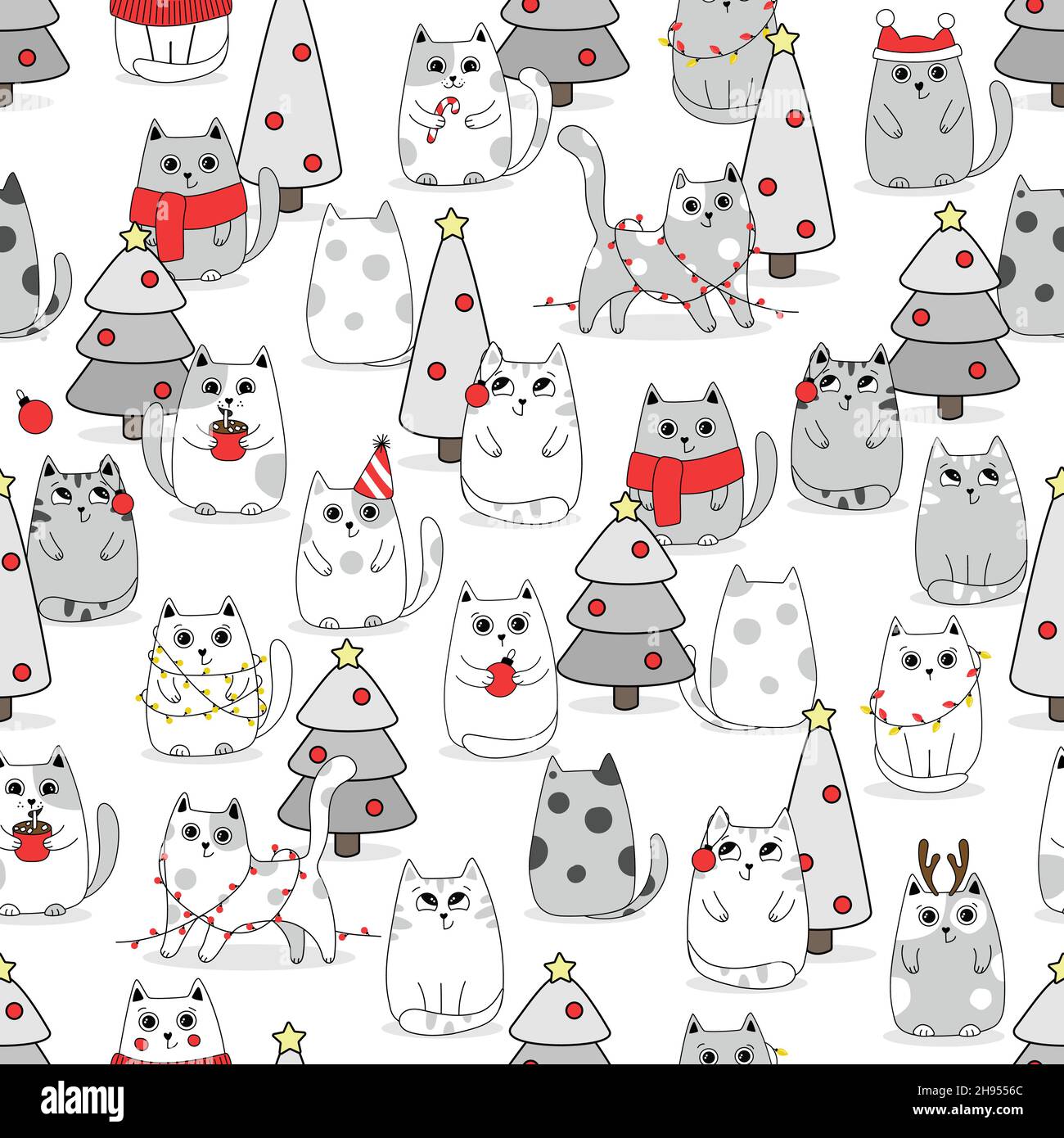 Seamless Pattern Winter Cute Cats, Cartoon Animals Background, Vector ...