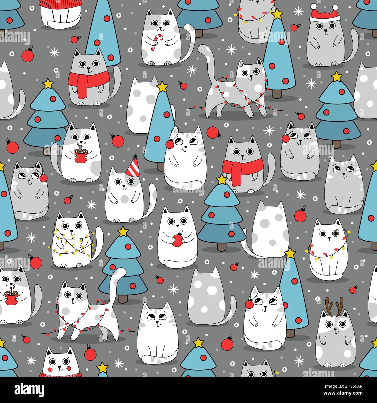 Seamless Pattern Winter Cute Cats, Cartoon Animals Background, Vector Illustration Stock Vector