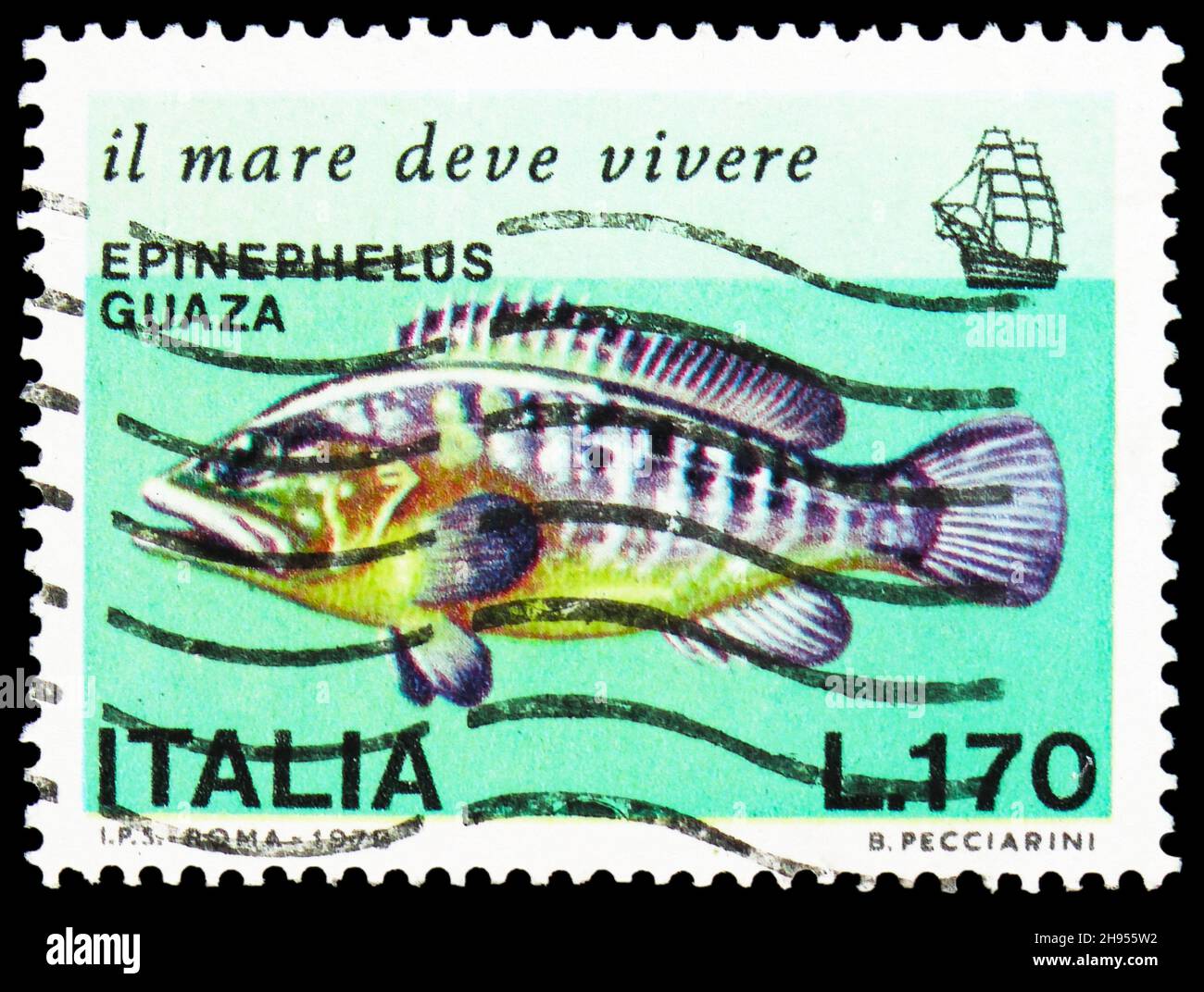 MOSCOW, RUSSIA - OCTOBER 24, 2021: Postage stamp printed in Italy shows Dusky Grouper (Epinephelus guaza), Rare Animals of the Mediterranean serie, ci Stock Photo
