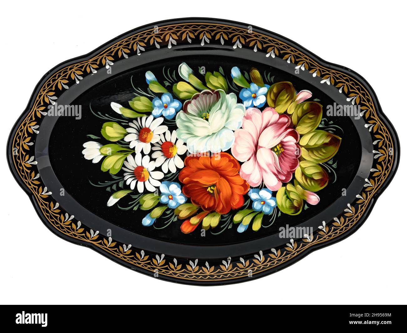 Metal tray Zhostovo 13" floral hand painted signed by artist different colours