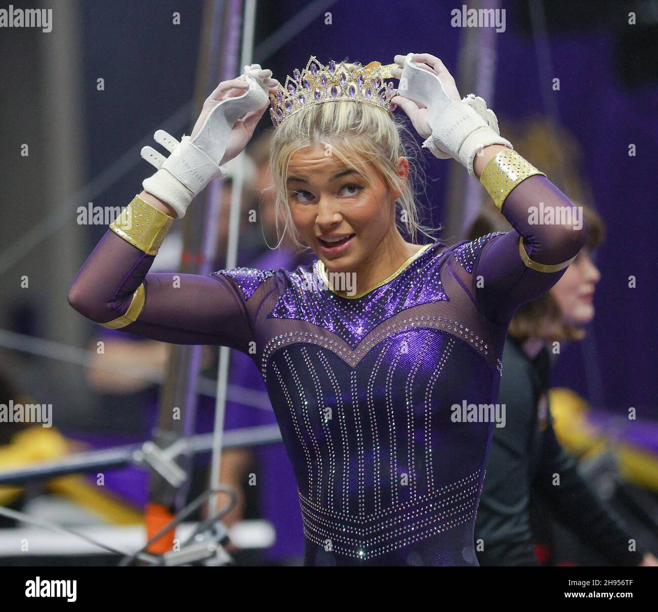 December 3, 2021: LSU's Olivia Dunne adjusts the ''stick crown'' during ...