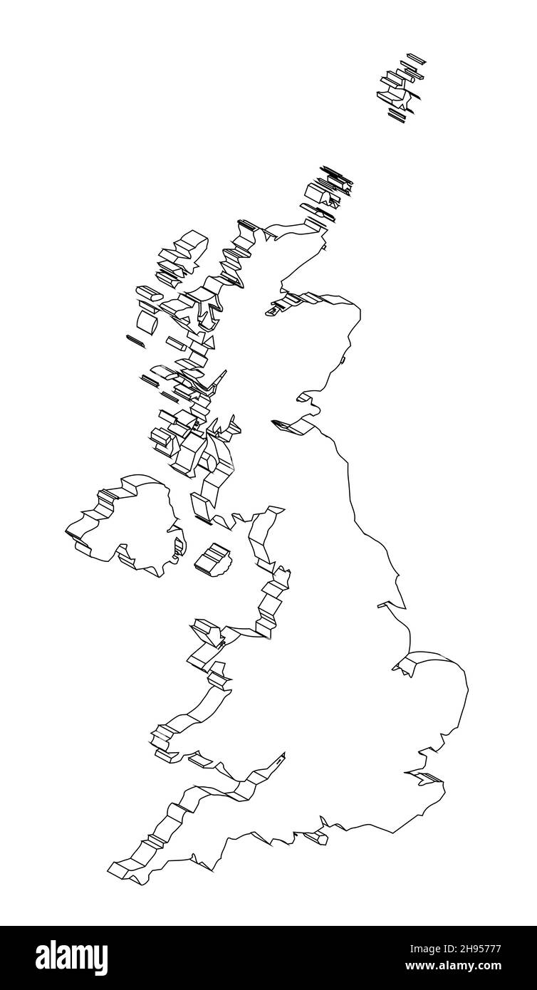 Outline 3D map of the United Kingdom of England Scotland Northern Ireland and Wales over white Stock Photo