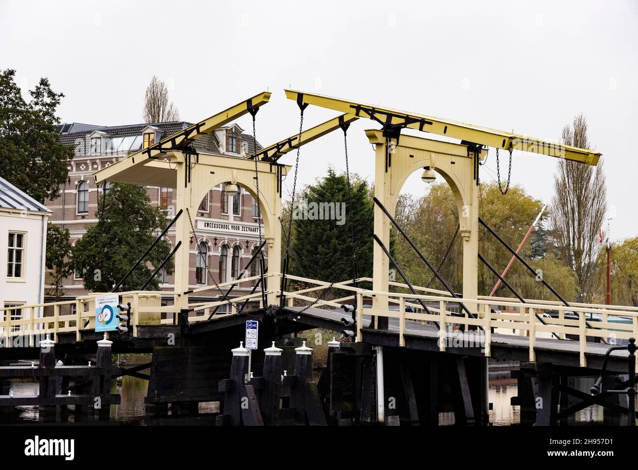 The Rembrandtbrug (Rembrandt bridge) is a drawbridge on the Galgewater of the Rhine River in Leiden, Netherlands. Stock Photo