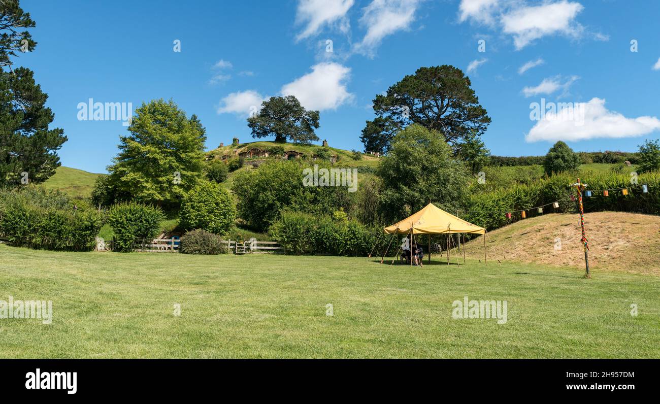 Matamata, New Zealand -11.28.2020 Hobbiton movie set created for filming The Lord of the Rings and The Hobbit movies in North Island of New Zealand Stock Photo